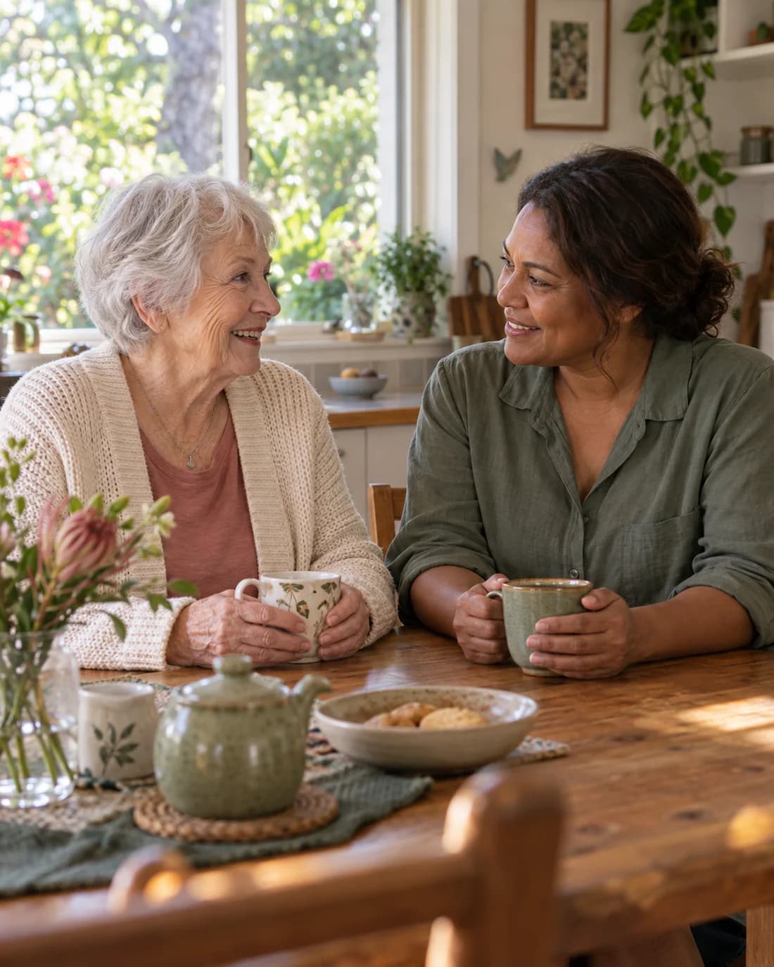 Illustrative scene of an older woman and a younger woman sharing tea at a kitchen table